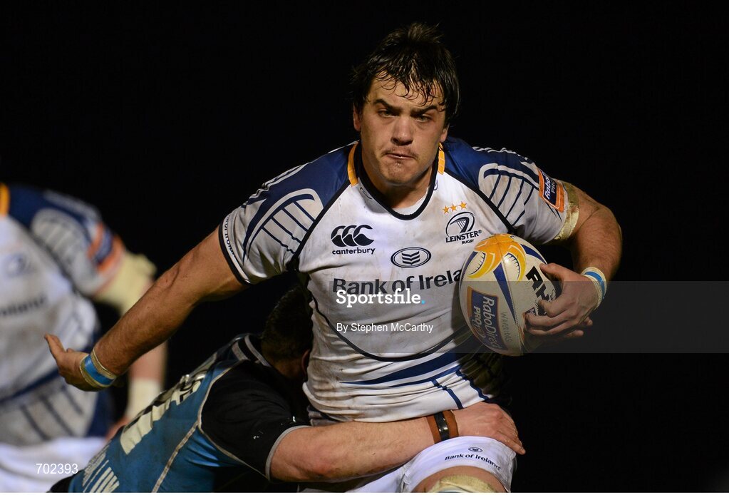 23 November 2012; Quinn Roux, Leinster, is tackled by Chris Fusaro, Glasgow Warriors. Celtic League 2012/13, Round 9, Glasgow Warriors v Leinster, Scotstoun Stadium, Glasgow, Scotland. Picture credit: Stephen McCarthy / SPORTSFILE