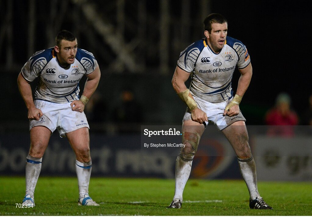 23 November 2012; Leinster's Shane Jennings, right, and Aaron Dundon. Celtic League 2012/13, Round 9, Glasgow Warriors v Leinster, Scotstoun Stadium, Glasgow, Scotland. Picture credit: Stephen McCarthy / SPORTSFILE