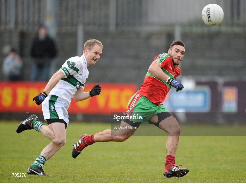 9 December 2012; Ted Furman, Ballymun Kickhams, in action against Tommy Fitzgerald, Portlaoise. AIB Leinster GAA Football Senior Club Championship Final, Portlaoise, Laois v Ballymun Kickhams, Dublin, Cusack Park, Mullingar, Co. Westmeath. Picture credit: David Maher / SPORTSFILE
