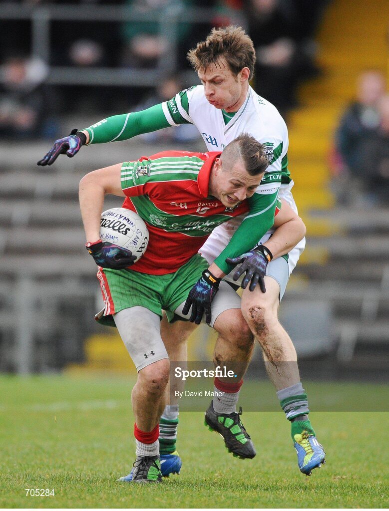 9 December 2012; Elliott Reillym, Ballymun Kickhams, in action against Hugh Coughlan, Portlaoise. AIB Leinster GAA Football Senior Club Championship Final, Portlaoise, Laois v Ballymun Kickhams, Dublin, Cusack Park, Mullingar, Co. Westmeath. Picture credit: David Maher / SPORTSFILE