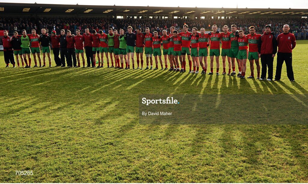 9 December 2012; The Ballymun Kickhams squad during the playing of the National Anthem. AIB Leinster GAA Football Senior Club Championship Final, Portlaoise, Laois v Ballymun Kickhams, Dublin, Cusack Park, Mullingar, Co. Westmeath. Picture credit: David Maher / SPORTSFILE