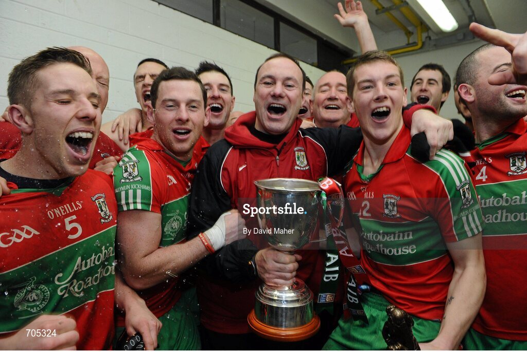 9 December 2012; Ballymun Kickhams manager Paul Curran, centre, celebrates with players, from left, Alan Hubbard, Philly McMahon, Enda Dolan and Eoin Dolan at the end of the game. AIB Leinster GAA Football Senior Club Championship Final, Portlaoise, Laois v Ballymun Kickhams, Dublin, Cusack Park, Mullingar, Co. Westmeath. Picture credit: David Maher / SPORTSFILE