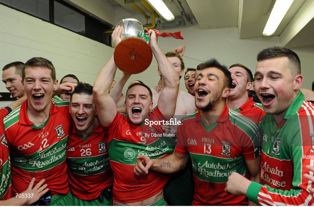 9 December 2012; Ballymun Kickhams captain Davy Byrne celebrates with team mates, from left, Jason Whelan, Derek Byrne, Ted Furman and Sean Currie, at the end of the game. AIB Leinster GAA Football Senior Club Championship Final, Portlaoise, Laois v Ballymun Kickhams, Dublin, Cusack Park, Mullingar, Co. Westmeath. Picture credit: David Maher / SPORTSFILE