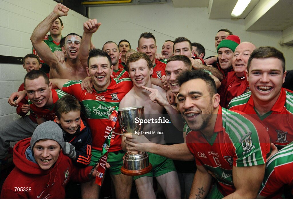 9 December 2012; Ballymun Kickhams players and supporters celebrate in the team dressing room at the end of the game. AIB Leinster GAA Football Senior Club Championship Final, Portlaoise, Laois v Ballymun Kickhams, Dublin, Cusack Park, Mullingar, Co. Westmeath. Picture credit: David Maher / SPORTSFILE