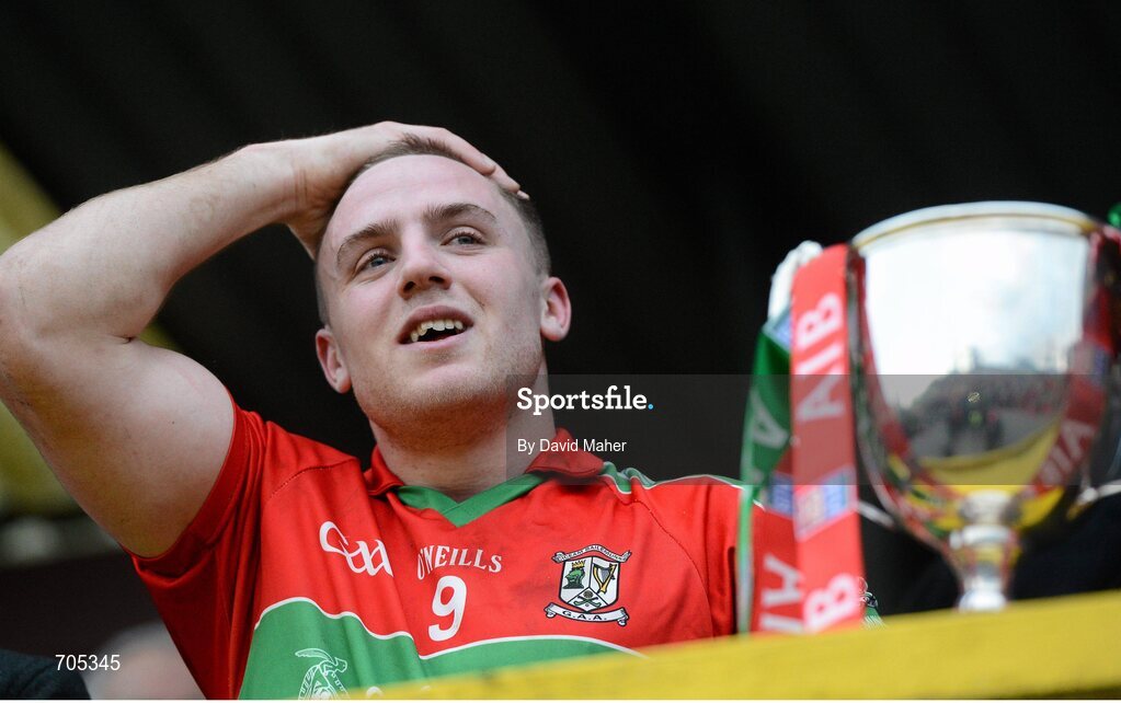 9 December 2012; Ballymun Kickhams captain Davy Byrne before been presented with the McCabe Cup at the end of the game. AIB Leinster GAA Football Senior Club Championship Final, Portlaoise, Laois v Ballymun Kickhams, Dublin, Cusack Park, Mullingar, Co. Westmeath. Picture credit: David Maher / SPORTSFILE