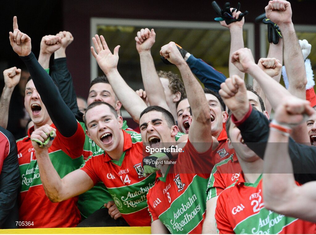 9 December 2012; Ballymun Kickhams players celebrate after the game. AIB Leinster GAA Football Senior Club Championship Final, Portlaoise, Laois v Ballymun Kickhams, Dublin, Cusack Park, Mullingar, Co. Westmeath. Picture credit: David Maher / SPORTSFILE