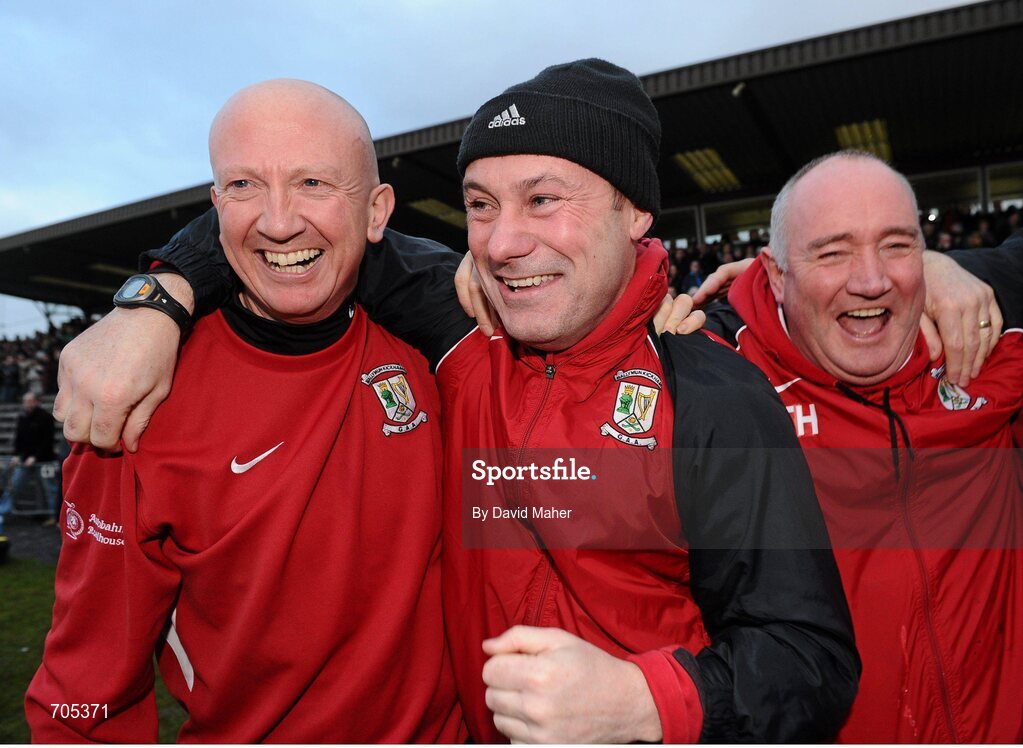 9 December 2012; Ballymun Kickhams manager Paul Curran, centre, celebrates with selector Ken Robinson and kitman Tommy Hennessy at the end of the game. AIB Leinster GAA Football Senior Club Championship Final, Portlaoise, Laois v Ballymun Kickhams, Dublin, Cusack Park, Mullingar, Co. Westmeath. Picture credit: David Maher / SPORTSFILE