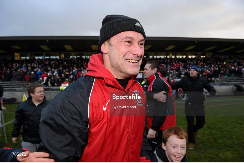 9 December 2012; Ballymun Kickhams manager Paul Curran celebrates at the end of the game. AIB Leinster GAA Football Senior Club Championship Final, Portlaoise, Laois v Ballymun Kickhams, Dublin, Cusack Park, Mullingar, Co. Westmeath. Picture credit: David Maher / SPORTSFILE