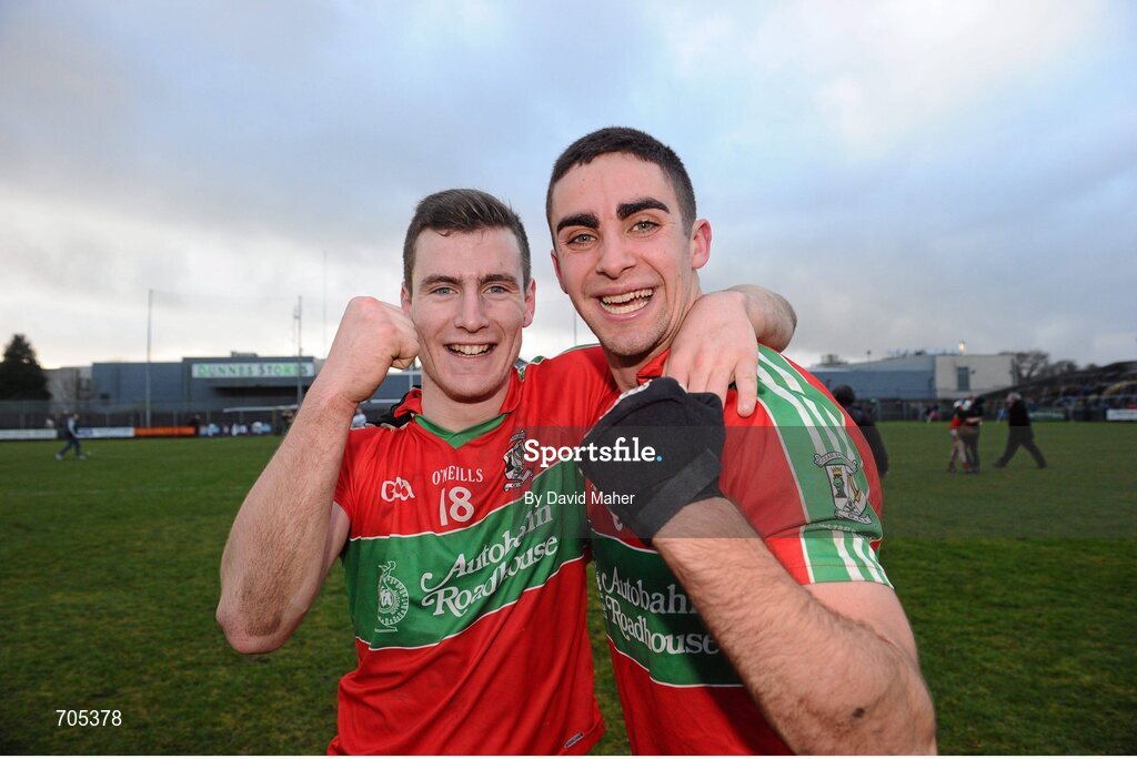 9 December 2012; Sean George, left, and James McCarthy, Ballymun Kickhams, celebrate at the end of the game. AIB Leinster GAA Football Senior Club Championship Final, Portlaoise, Laois v Ballymun Kickhams, Dublin, Cusack Park, Mullingar, Co. Westmeath. Picture credit: David Maher / SPORTSFILE