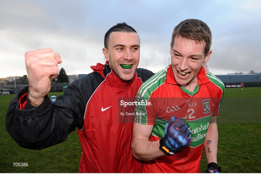 9 December 2012; Jason Whelan, right, and Simon Lawlor, Ballymun Kickhams, celebrate after the game. AIB Leinster GAA Football Senior Club Championship Final, Portlaoise, Laois v Ballymun Kickhams, Dublin, Cusack Park, Mullingar, Co. Westmeath. Picture credit: David Maher / SPORTSFILE