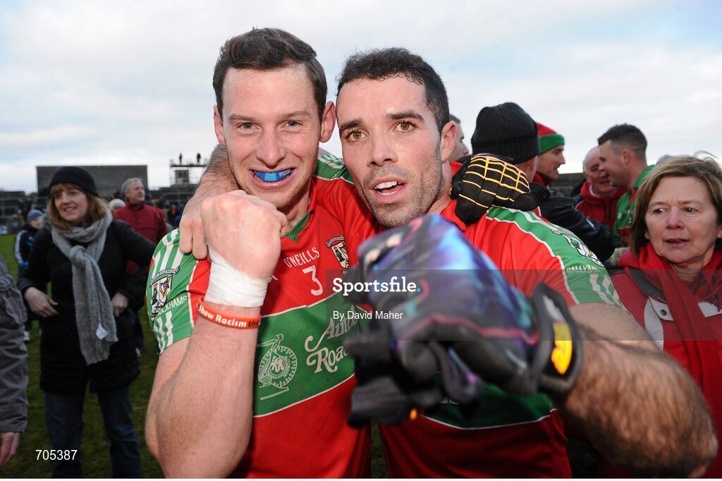 9 December 2012; Philly McMahon, left, and James Burke, Ballymun Kickhams, celebrate after the game. AIB Leinster GAA Football Senior Club Championship Final, Portlaoise, Laois v Ballymun Kickhams, Dublin, Cusack Park, Mullingar, Co. Westmeath. Picture credit: David Maher / SPORTSFILE