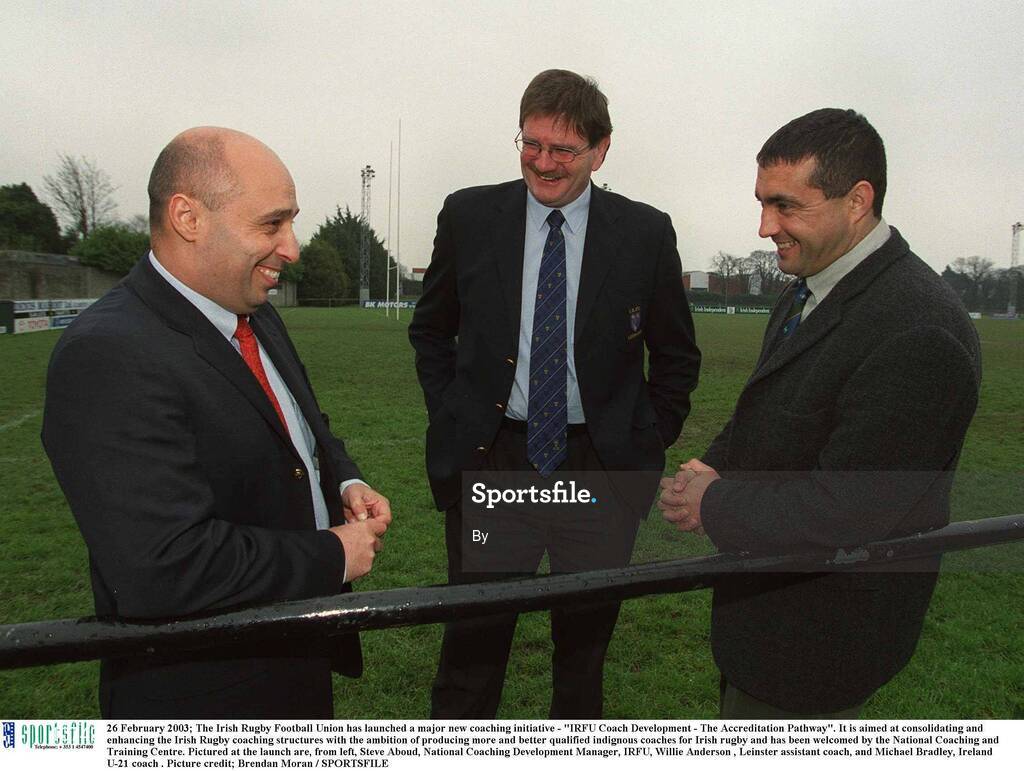 26 February 2003; The Irish Rugby Football Union has launched a major new coaching initiative - "IRFU Coach Development - The Accreditation Pathway". It is aimed at consolidating and enhancing the Irish Rugby coaching structures with the ambition of producing more and better qualified indignous coaches for Irish rugby and has been welcomed by the National Coaching and Training Centre. Pictured at the launch are, from left, Steve Aboud, National Coaching Development Manager, IRFU, Willie Anderson , Leinster assistant coach, and Michael Bradley, Ireland U-21 coach . Picture credit; Brendan Moran / SPORTSFILE
