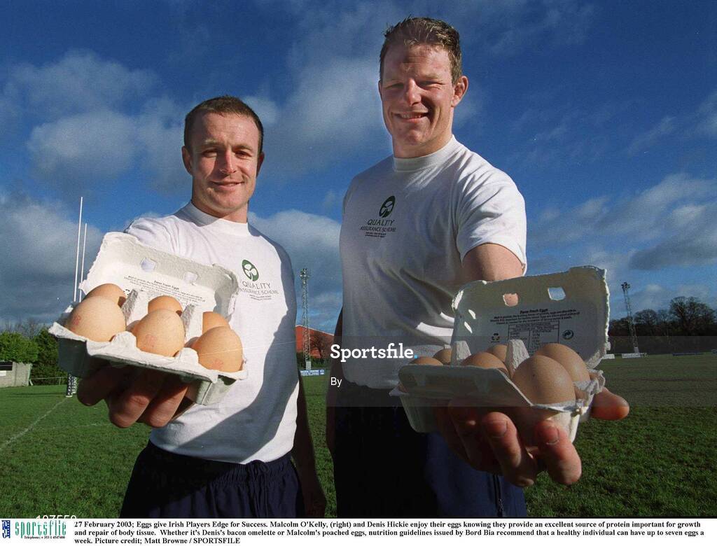 27 February 2003; Eggs give Irish Players Edge for Success. Malcolm O'Kelly, (right) and Denis Hickie enjoy their eggs knowing they provide an excellent source of protein important for growth and repair of body tissue.  Whether it's Denis's bacon omelette or Malcolm's poached eggs, nutrition guidelines issued by Bord Bia recommend that a healthy individual can have up to seven eggs a week. Picture credit; Matt Browne / SPORTSFILE