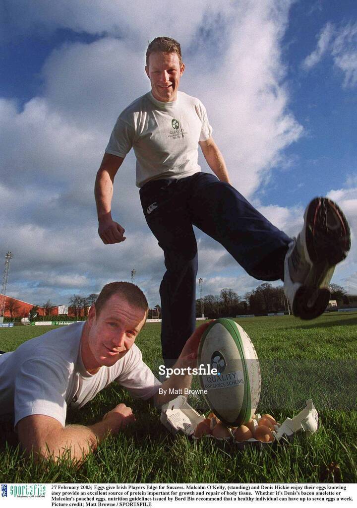 27 February 2003; Eggs give Irish Players Edge for Success. Malcolm O'Kelly, (standing) and Denis Hickie enjoy their eggs knowing they provide an excellent source of protein important for growth and repair of body tissue.  Whether it's Denis's bacon omelette or Malcolm's poached eggs, nutrition guidelines issued by Bord Bia recommend that a healthy individual can have up to seven eggs a week. Picture credit; Matt Browne / SPORTSFILE