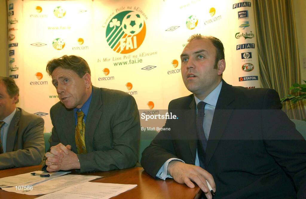 28 February 2003; Gerry Smith, left, Irish U-20 soccer manager pictured with his assistant Johnny McDonnell at the announcing of the Irish team to play in the U-20 World Cup in the U.A.E. Dublin.  Picture credit; Matt Browne / SPORTSFILE *EDI*