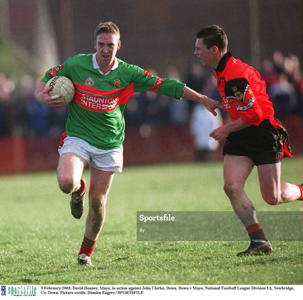 9 February 2003; David Heaney, Mayo, in action against John Clarke, Down. Down v Mayo, National Football League Division 1A, Newbridge, Co. Down. Picture credit; Damien Eagers / SPORTSFILE