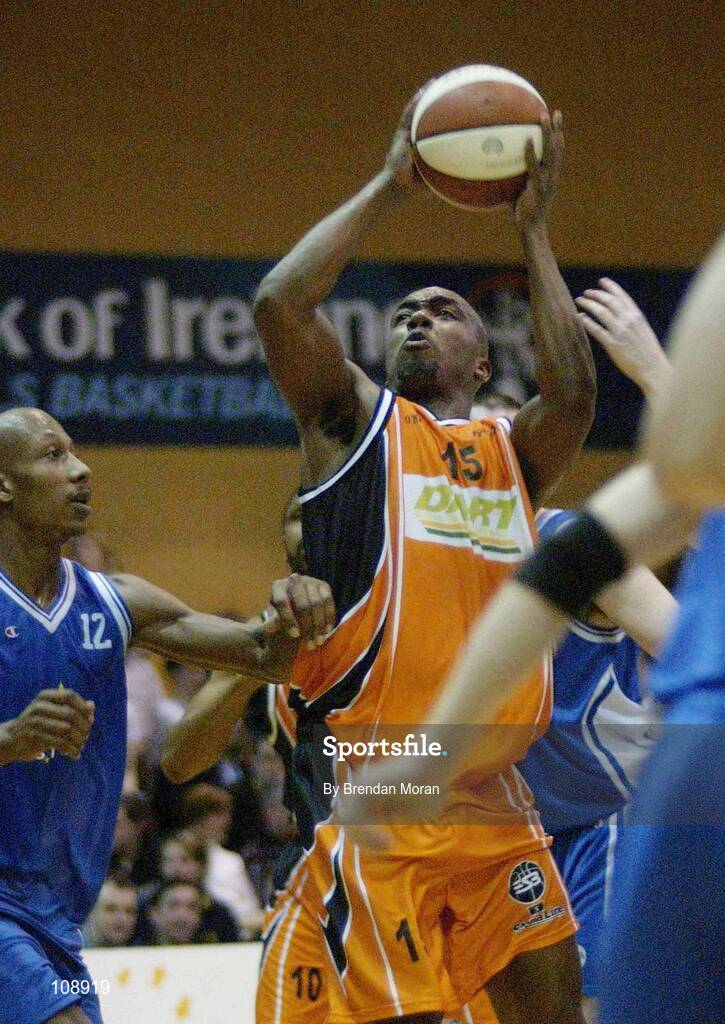 1 February 2003; Rodney Gidney, Dart Killester, in action against Charles Mason, SX3 Star. SX3 Star v Dart Killester. ESB Men's Basketball Cup semi-final, ESB Arena, Tallaght, Dublin. Basketball. Picture credit; Brendan Moran / SPORTSFILE *EDI*