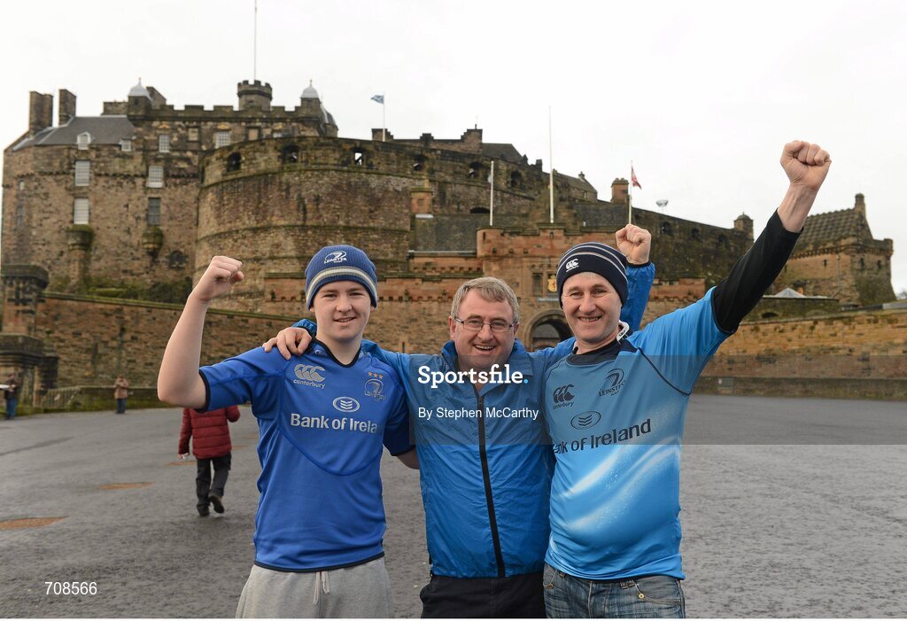 4 January 2013; Leinster supporters, from left, Ronan, Padraig and Frank O'Dea, from Tullamore, Co. Offaly, at Edinburgh Castle ahead of their side's Celtic League 2012/13, Round 13, clash against Edinburgh. Edinburgh, Scotland. Picture credit: Stephen McCarthy / SPORTSFILE