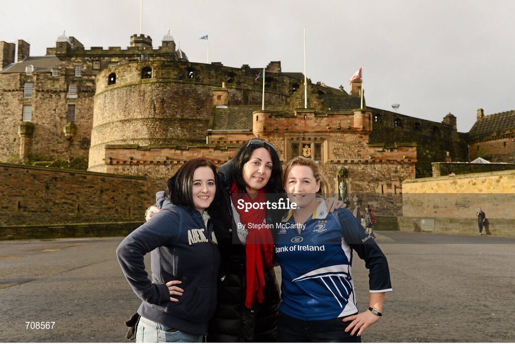 4 January 2013; Leinster supporters, from left, Clare Murphy, Jacqui Millar and Denise McGuinness, from Dundalk, Co. Louth, at Edinburgh Castle ahead of their side's Celtic League 2012/13, Round 13, clash against Edinburgh. Edinburgh, Scotland. Picture credit: Stephen McCarthy / SPORTSFILE
