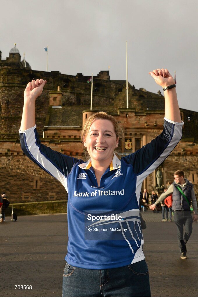 4 January 2013; Leinster supporter Denise McGuinness, from Dundalk, Co. Louth, at Edinburgh Castle ahead of her side's Celtic League 2012/13, Round 13, clash against Edinburgh. Edinburgh, Scotland. Picture credit: Stephen McCarthy / SPORTSFILE