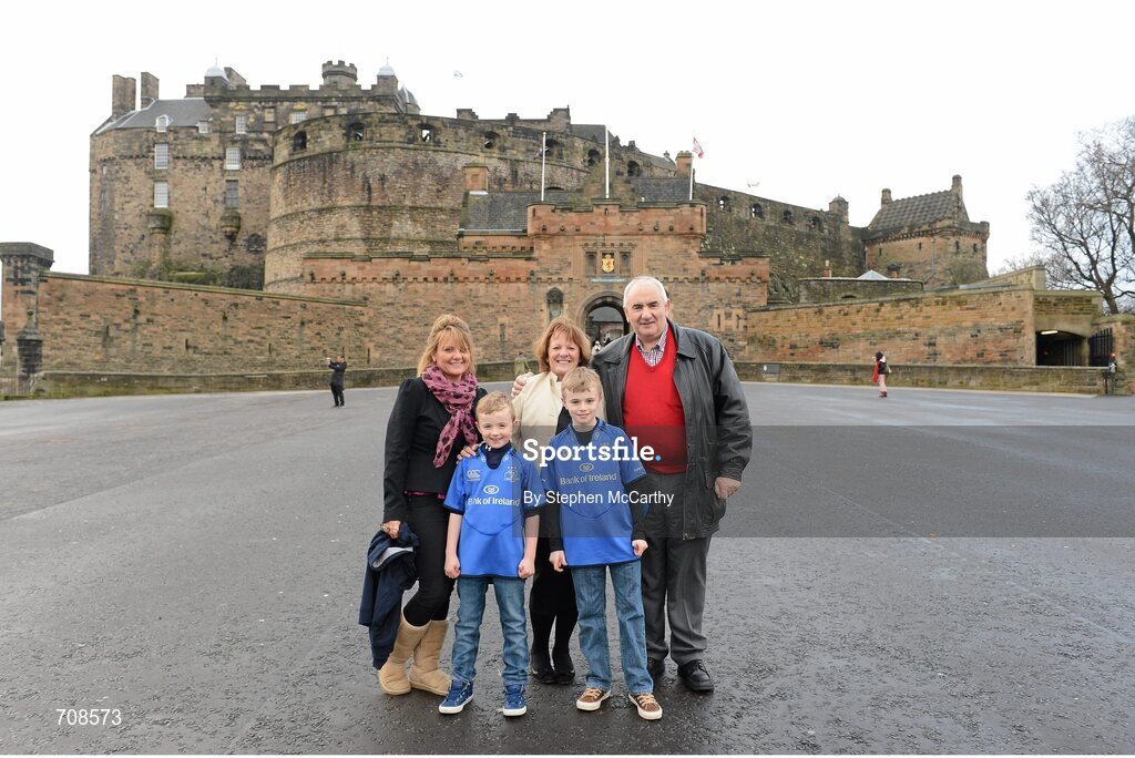 4 January 2013; The Murphy family, from Bray, Co. Wicklow, from left, Lorraine, Jack, Ena, Ben and Thomas supporting Leinster at Edinburgh Castle ahead of their side's Celtic League 2012/13, Round 13, clash against Edinburgh. Edinburgh, Scotland. Picture credit: Stephen McCarthy / SPORTSFILE
