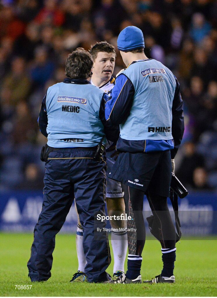 4 January 2013; Brian O'Driscoll, Leinster, is treated for an injury during the first half. Celtic League 2012/13, Round 13, Edinburgh v Leinster, Murrayfield, Edinburgh, Scotland. Picture credit: Stephen McCarthy / SPORTSFILE