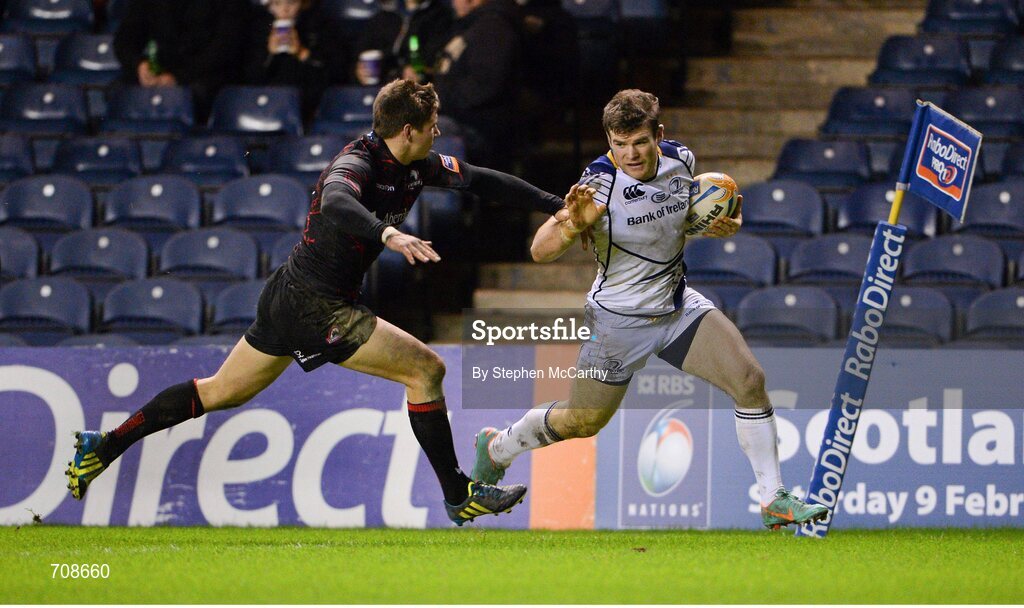 4 January 2013; Gordon D'Arcy, Leinster, on his way to scoring his side's second try despite the attention of Piers Francis, Edinburgh. Celtic League 2012/13, Round 13, Edinburgh v Leinster, Murrayfield, Edinburgh, Scotland. Picture credit: Stephen McCarthy / SPORTSFILE