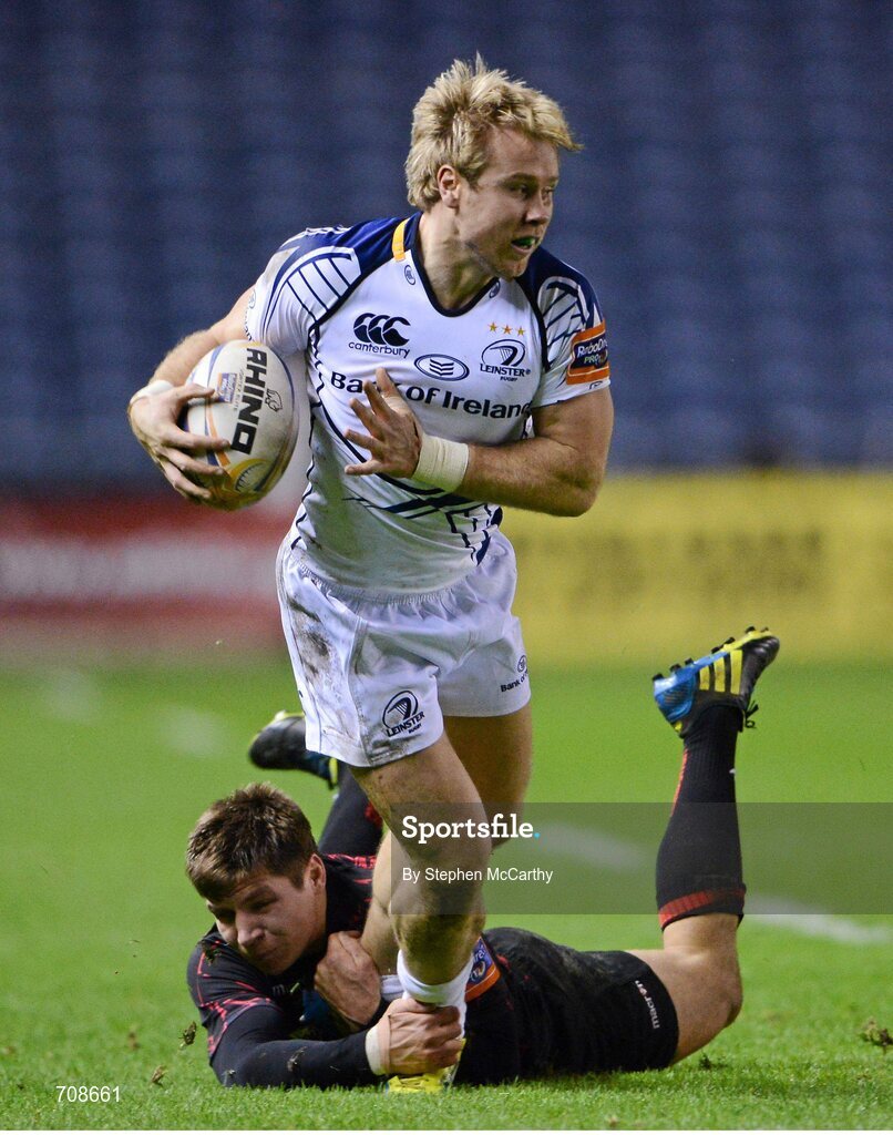4 January 2013; Fionn Carr, Leinster, is tackled by Piers Francis, Edinburgh. Celtic League 2012/13, Round 13, Edinburgh v Leinster, Murrayfield, Edinburgh, Scotland. Picture credit: Stephen McCarthy / SPORTSFILE