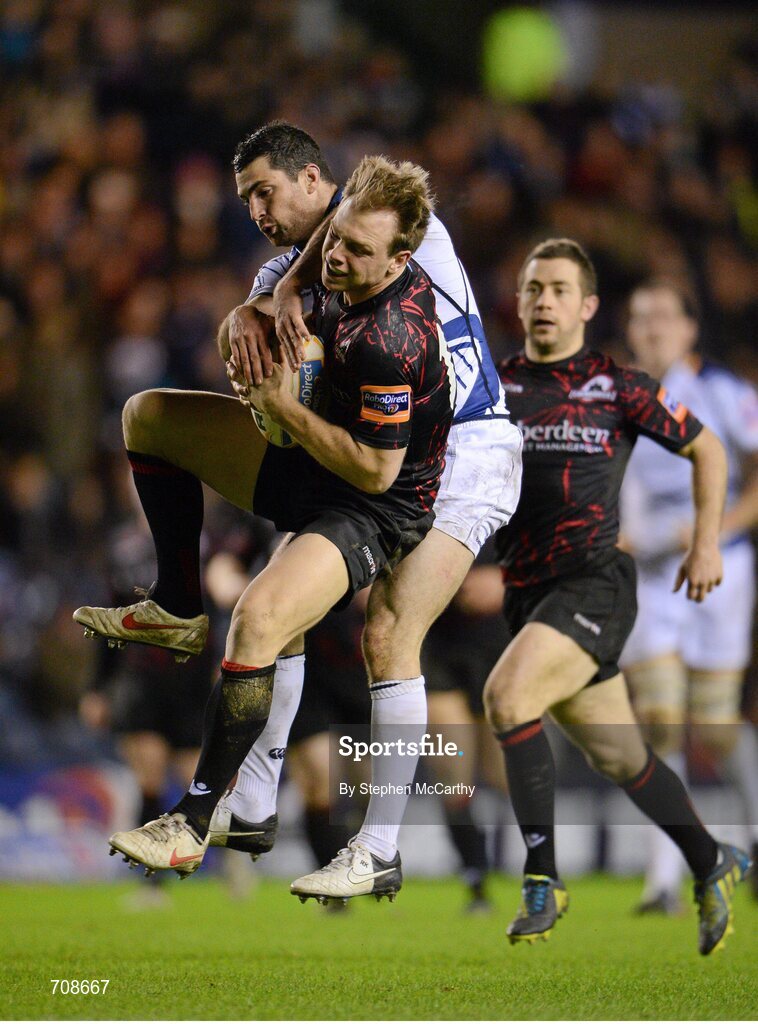 4 January 2013; Greig Tonks, Edinburgh, in action against Rob Kearney, Leinster. Celtic League 2012/13, Round 13, Edinburgh v Leinster, Murrayfield, Edinburgh, Scotland. Picture credit: Stephen McCarthy / SPORTSFILE