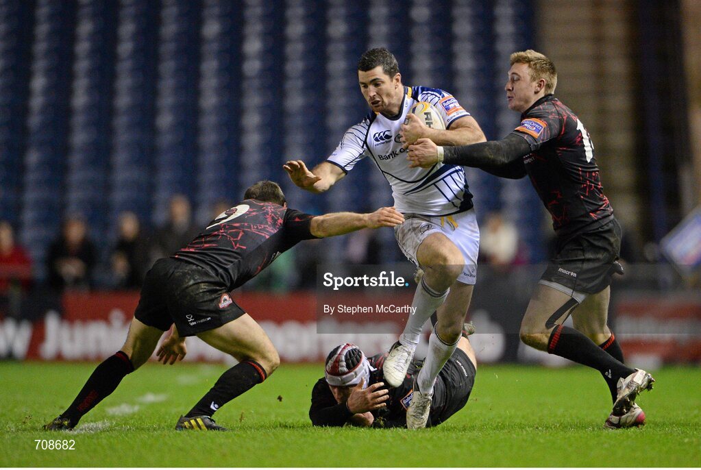 4 January 2013; Rob Kearney, Leinster, is tackled by Edinburgh players, from left, Greig Laidlaw, Andy Titterrell and Dougie Fife. Celtic League 2012/13, Round 13, Edinburgh v Leinster, Murrayfield, Edinburgh, Scotland. Picture credit: Stephen McCarthy / SPORTSFILE