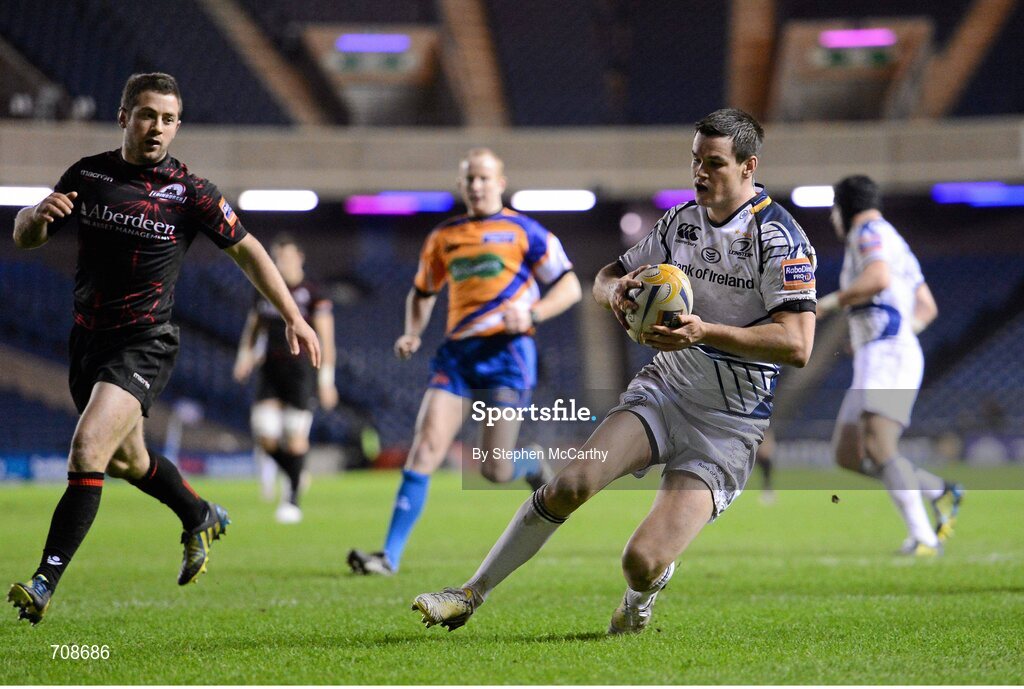 4 January 2013; Jonathan Sexton, Leinster, goes over to score his side's third try. Celtic League 2012/13, Round 13, Edinburgh v Leinster, Murrayfield, Edinburgh, Scotland. Picture credit: Stephen McCarthy / SPORTSFILE