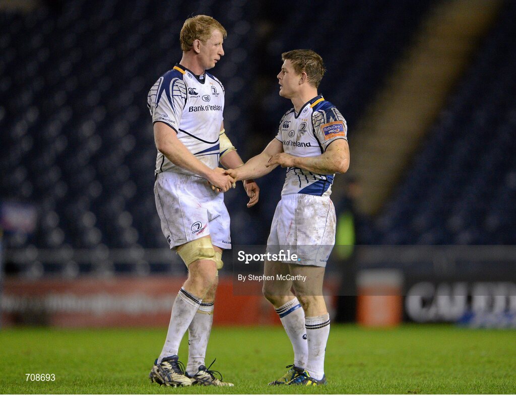 4 January 2013; Leinster's Brian O'Driscoll, right, and Leo Cullen following their side's victory. Celtic League 2012/13, Round 13, Edinburgh v Leinster, Murrayfield, Edinburgh, Scotland. Picture credit: Stephen McCarthy / SPORTSFILE