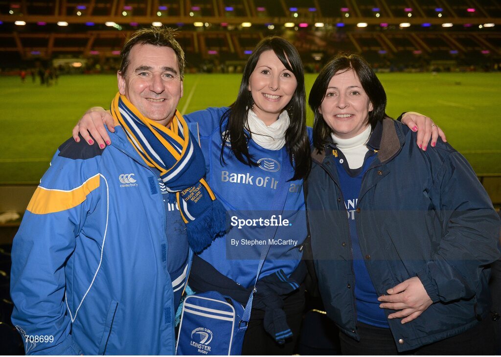 4 January 2013; Leinster supporters, from left, Tony McDevitt, from Kingswood, Dublin, Julie Fitzgerlad, from Malahide, Dublin, and Olivia Fitzgerald, from Raheny, Dublin, ahead of the game. Celtic League 2012/13, Round 13, Edinburgh v Leinster, Murrayfield, Edinburgh, Scotland. Picture credit: Stephen McCarthy / SPORTSFILE