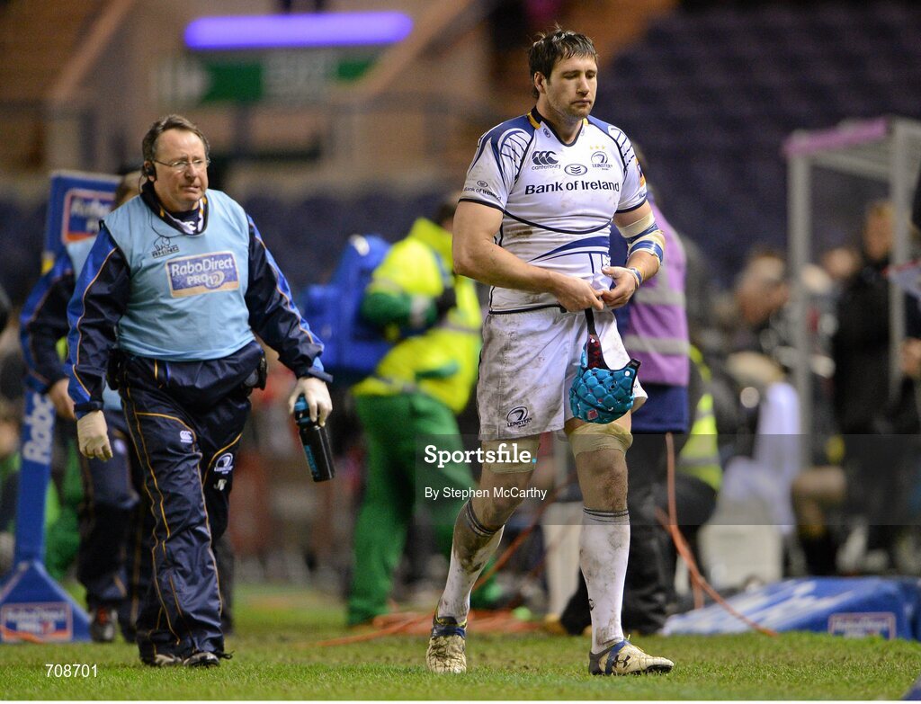 4 January 2013; Kevin McLaughlin, Leinster, leaves the pitch after picking up an injury during the second half. Celtic League 2012/13, Round 13, Edinburgh v Leinster, Murrayfield, Edinburgh, Scotland. Picture credit: Stephen McCarthy / SPORTSFILE