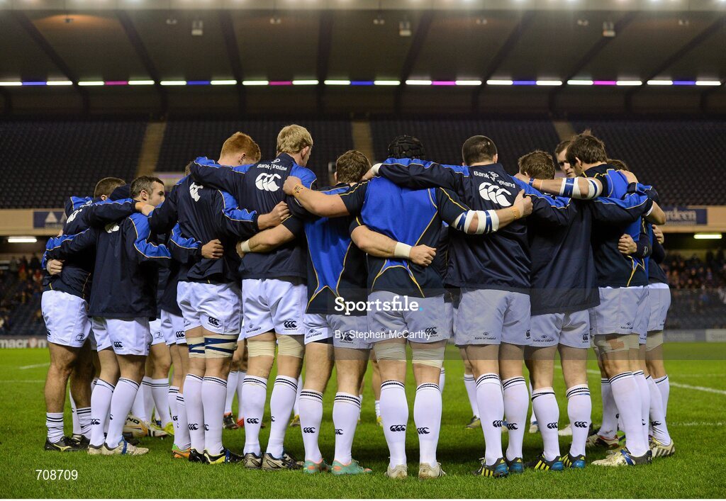 4 January 2013; The Leinster squad huddle ahead of the game. Celtic League 2012/13, Round 13, Edinburgh v Leinster, Murrayfield, Edinburgh, Scotland. Picture credit: Stephen McCarthy / SPORTSFILE