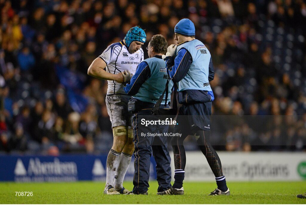 4 January 2013; Kevin McLaughlin, Leinster, is treated for an injury during the second half. Celtic League 2012/13, Round 13, Edinburgh v Leinster, Murrayfield, Edinburgh, Scotland. Picture credit: Stephen McCarthy / SPORTSFILE