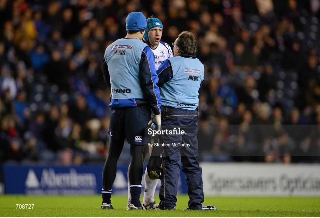 4 January 2013; Kevin McLaughlin, Leinster, is treated for an injury during the second half. Celtic League 2012/13, Round 13, Edinburgh v Leinster, Murrayfield, Edinburgh, Scotland. Picture credit: Stephen McCarthy / SPORTSFILE