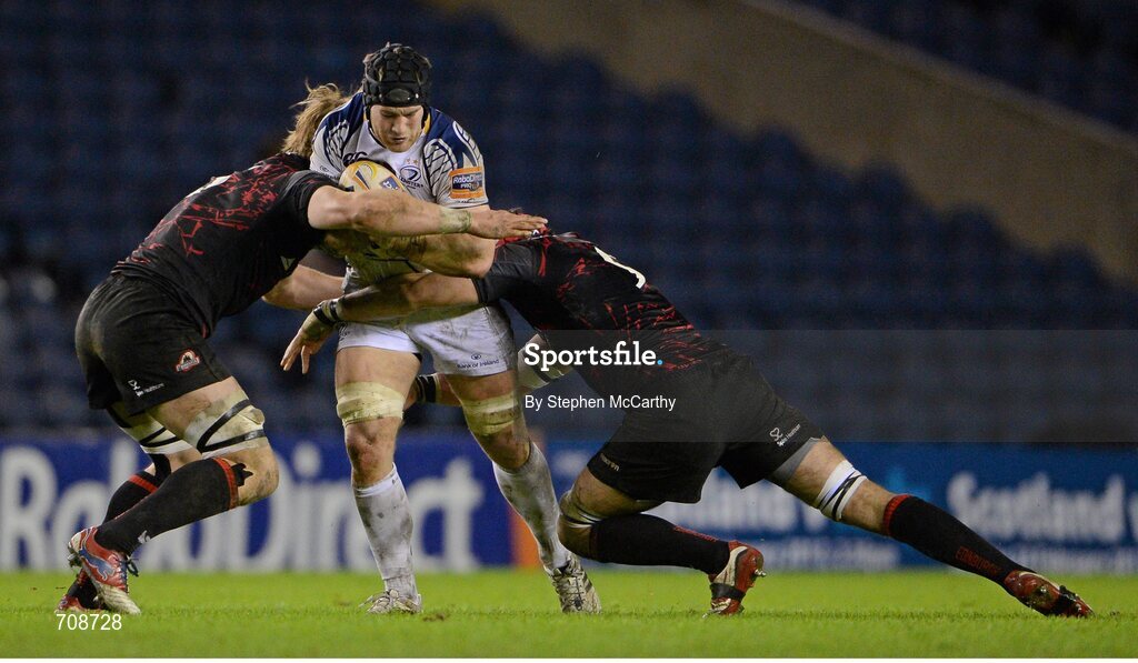 4 January 2013; Sean O'Brien, Leinster, is tackled by David Denton, left, and Sean Cox, Edinburgh. Celtic League 2012/13, Round 13, Edinburgh v Leinster, Murrayfield, Edinburgh, Scotland. Picture credit: Stephen McCarthy / SPORTSFILE
