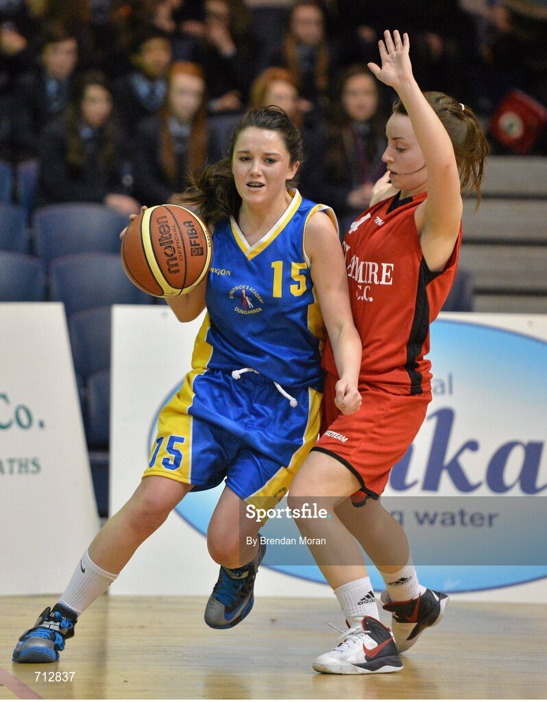 24 January 2013; Eimear Lafferty, St. Patrick’s Academy Dungannon, in action against Maeve O'Riordan, Glanmire Community School. All-Ireland Schools Cup U16B Girls Final, St. Patrick’s Academy Dungannon, Tyrone v Glanmire Community School, Cork, National Basketball Arena, Tallaght, Dublin. Picture credit: Brendan Moran / SPORTSFILE