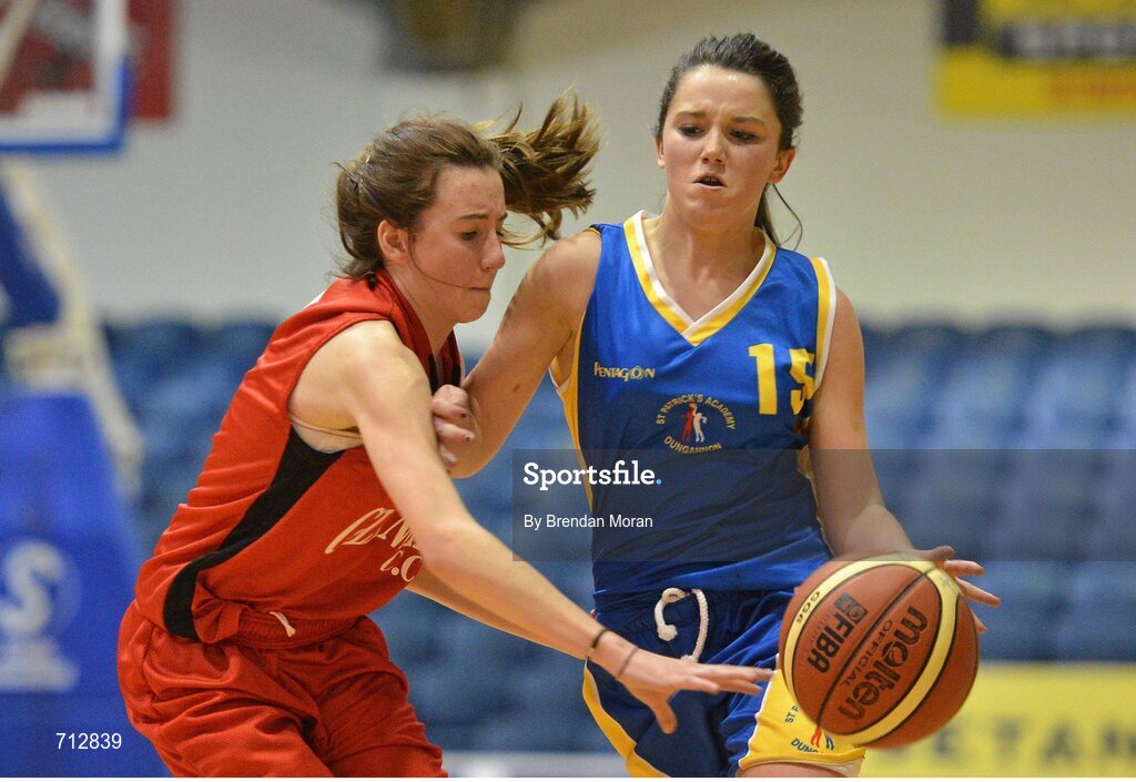 24 January 2013; Eimear Lafferty, St. Patrick’s Academy Dungannon, in action against Holly Herlihy, Glanmire Community School. All-Ireland Schools Cup U16B Girls Final, St. Patrick’s Academy Dungannon, Tyrone v Glanmire Community School, Cork, National Basketball Arena, Tallaght, Dublin. Picture credit: Brendan Moran / SPORTSFILE