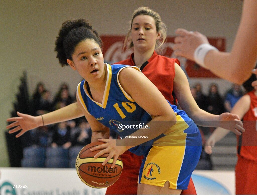 24 January 2013; Eireann Palmer, St. Patrick’s Academy Dungannon, is defenced by Amy O'Lehan, Glanmire Community School. All-Ireland Schools Cup U16B Girls Final, St. Patrick’s Academy Dungannon, Tyrone v Glanmire Community School, Cork, National Basketball Arena, Tallaght, Dublin. Picture credit: Brendan Moran / SPORTSFILE