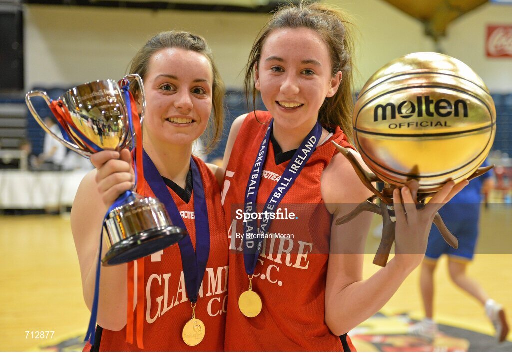 24 January 2013; Glanmire Community School co-captains Maeve O'Riordan, left, and Holly Herlihy, who was also named MVP, with the cup after the game. All-Ireland Schools Cup U16B Girls Final, St. Patrick’s Academy Dungannon, Tyrone v Glanmire Community School, Cork, National Basketball Arena, Tallaght, Dublin. Picture credit: Brendan Moran / SPORTSFILE