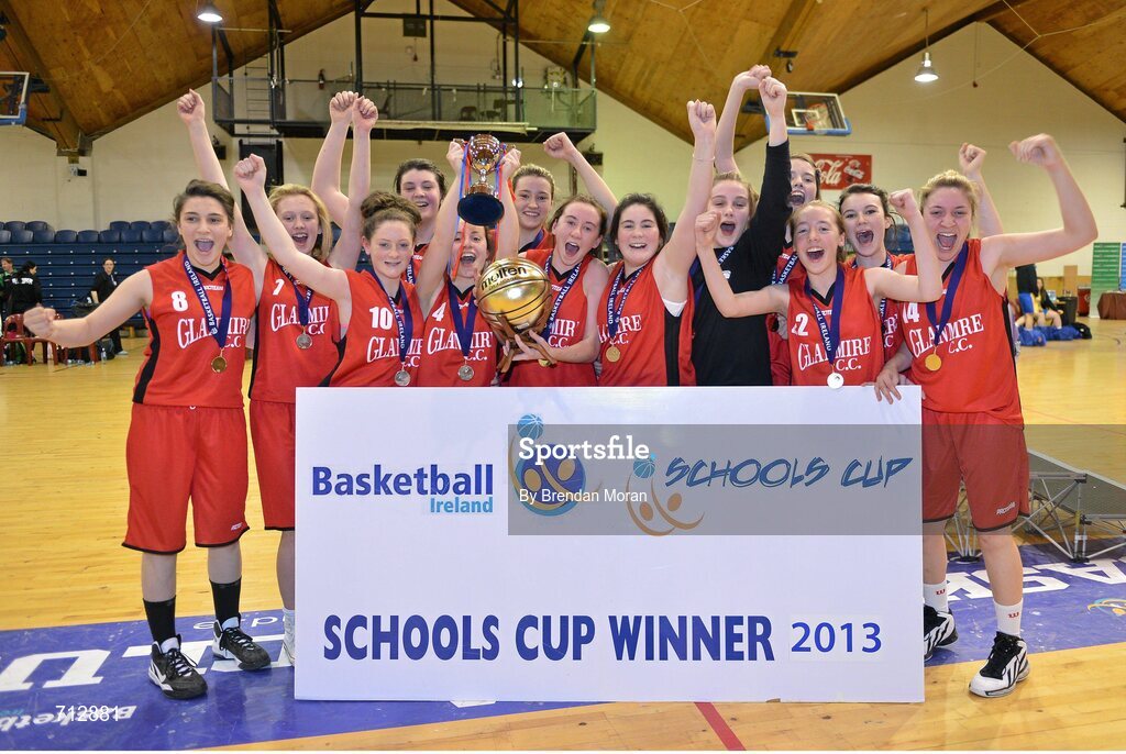 24 January 2013; The Glanmire Community School team celebrate with the cup after the game. All-Ireland Schools Cup U16B Girls Final, St. Patrick’s Academy Dungannon, Tyrone v Glanmire Community School, Cork, National Basketball Arena, Tallaght, Dublin. Picture credit: Brendan Moran / SPORTSFILE