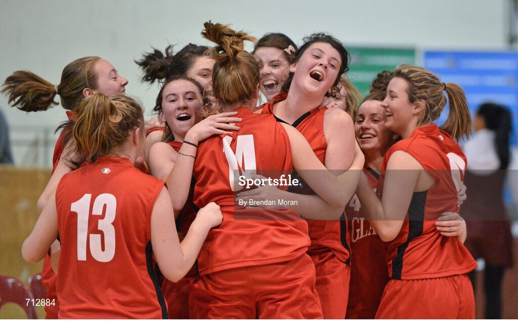 24 January 2013; The Glanmire Community School celebrate their victory over St. Patrick’s Academy Dungannon. All-Ireland Schools Cup U16B Girls Final, St. Patrick’s Academy Dungannon, Tyrone v Glanmire Community School, Cork, National Basketball Arena, Tallaght, Dublin. Picture credit: Brendan Moran / SPORTSFILE