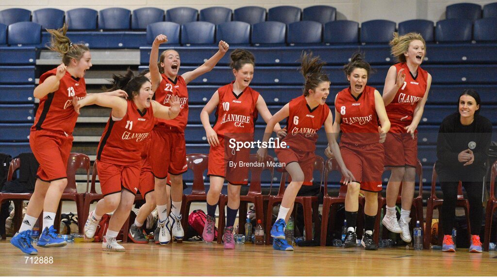 24 January 2013; Glanmire Community School players, from left, Ciara O'Shea, Chloe O'Brien, Kate Hannon, Jill Sexton, Claire Gillen, Jenna Stacy, and Chloe O'Sullivan celebrate their victory over St. Patrick’s Academy Dungannon. All-Ireland Schools Cup U16B Girls Final, St. Patrick’s Academy Dungannon, Tyrone v Glanmire Community School, Cork, National Basketball Arena, Tallaght, Dublin. Picture credit: Brendan Moran / SPORTSFILE