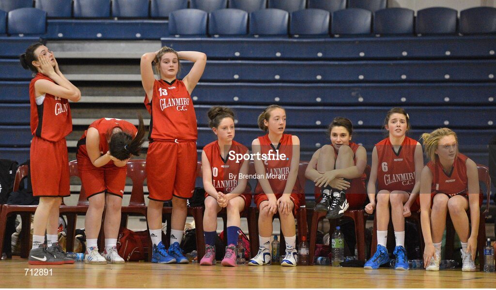 24 January 2013; Glanmire Community School players, from left, Megan Sheridan, Ciara O'Shea, Chloe O'Brien, Kate Hannon, Jill Sexton, Claire Gillen, Jenna Stacy, and Chloe O'Sullivan look on nervously during the final seconds of their victory over St Patrick's Academy Dungannon. All-Ireland Schools Cup U16B Girls Final, St. Patrick’s Academy Dungannon, Tyrone v Glanmire Community School, Cork, National Basketball Arena, Tallaght, Dublin. Picture credit: Brendan Moran / SPORTSFILE