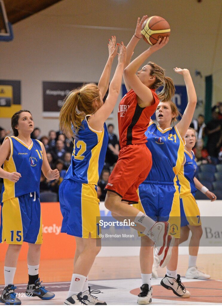 24 January 2013; Amy O'Lehan, Glanmire Community School, in action against Caoimhe Corr, St. Patrick’s Academy Dungannon. All-Ireland Schools Cup U16B Girls Final, St. Patrick’s Academy Dungannon, Tyrone v Glanmire Community School, Cork, National Basketball Arena, Tallaght, Dublin. Picture credit: Brendan Moran / SPORTSFILE