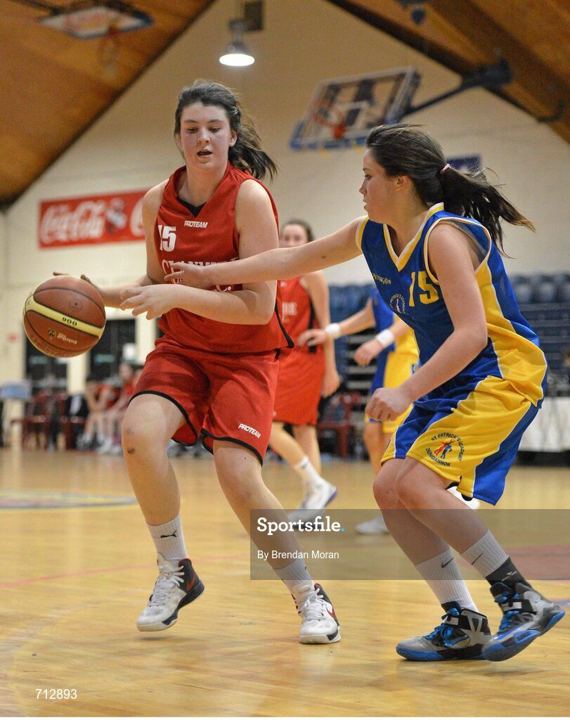 24 January 2013; Jessica Quirke, Glanmire Community School, in action against Eimear Lafferty, St. Patrick’s Academy Dungannon. All-Ireland Schools Cup U16B Girls Final, St. Patrick’s Academy Dungannon, Tyrone v Glanmire Community School, Cork, National Basketball Arena, Tallaght, Dublin. Picture credit: Brendan Moran / SPORTSFILE
