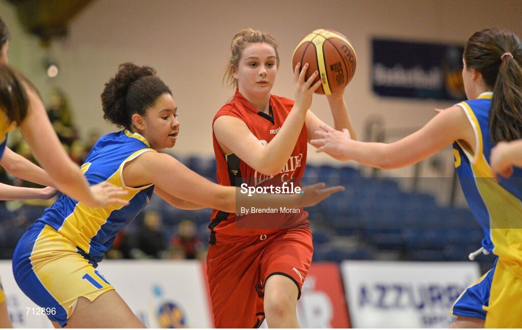 24 January 2013; Ciara O'Shea, Glanmire Community School, in action against Eireann Palmer, St. Patrick’s Academy Dungannon. All-Ireland Schools Cup U16B Girls Final, St. Patrick’s Academy Dungannon, Tyrone v Glanmire Community School, Cork, National Basketball Arena, Tallaght, Dublin. Picture credit: Brendan Moran / SPORTSFILE