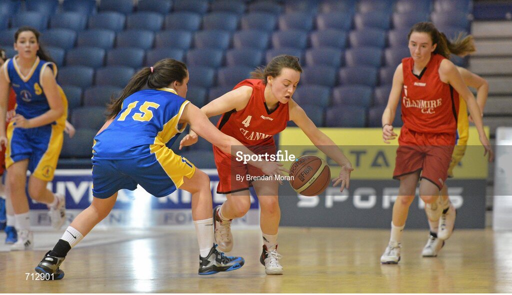 24 January 2013; Maeve O'Riordan, Glanmire Community School, in action against Eimear Lafferty, St. Patrick’s Academy Dungannon. All-Ireland Schools Cup U16B Girls Final, St. Patrick’s Academy Dungannon, Tyrone v Glanmire Community School, Cork, National Basketball Arena, Tallaght, Dublin. Picture credit: Brendan Moran / SPORTSFILE